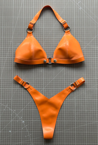 O Ring Thong Bikini Set - Orange + Silver - 32DD - Ready to Ship